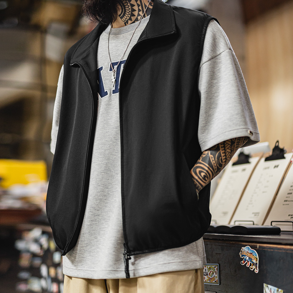 马登工装山系机能立领马甲黑色户外通勤叠穿轻薄款背心无袖男士夏