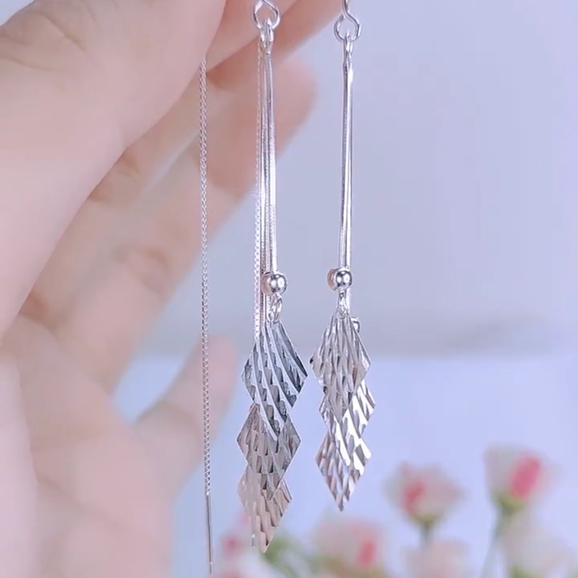 足银耳饰 足银蛇骨菱形防丢耳线