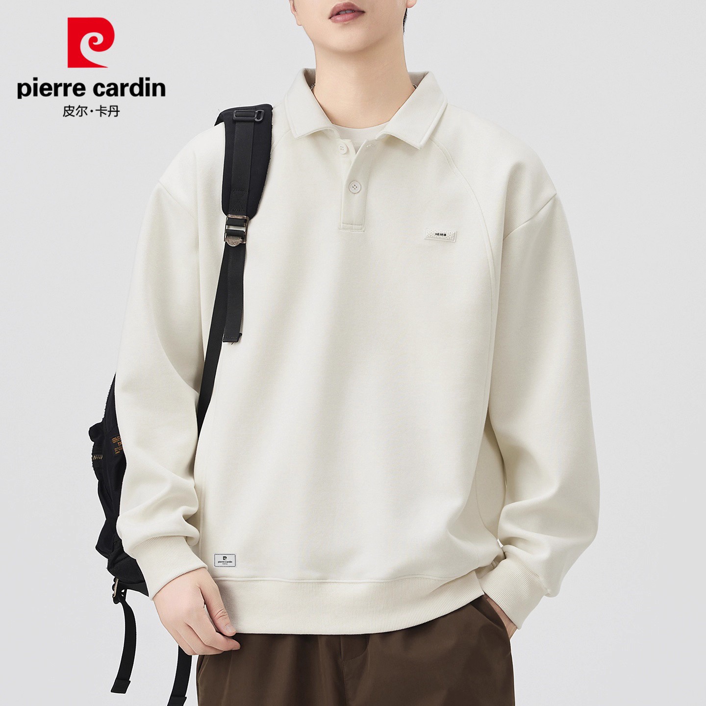 皮尔卡丹男士卫衣2025秋季新款翻领纯色休闲痞帅慵懒风上衣男装