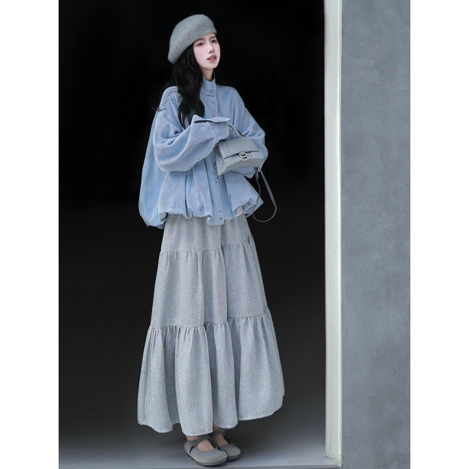 巨好看秋装一整套清冷松弛感miu系穿搭新款蓝色外套花苞裙套装