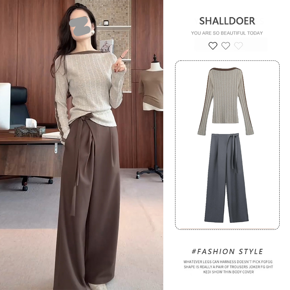 美式复古炸街套装女2026春秋新款一字领针织长袖t恤阔腿裤两件套