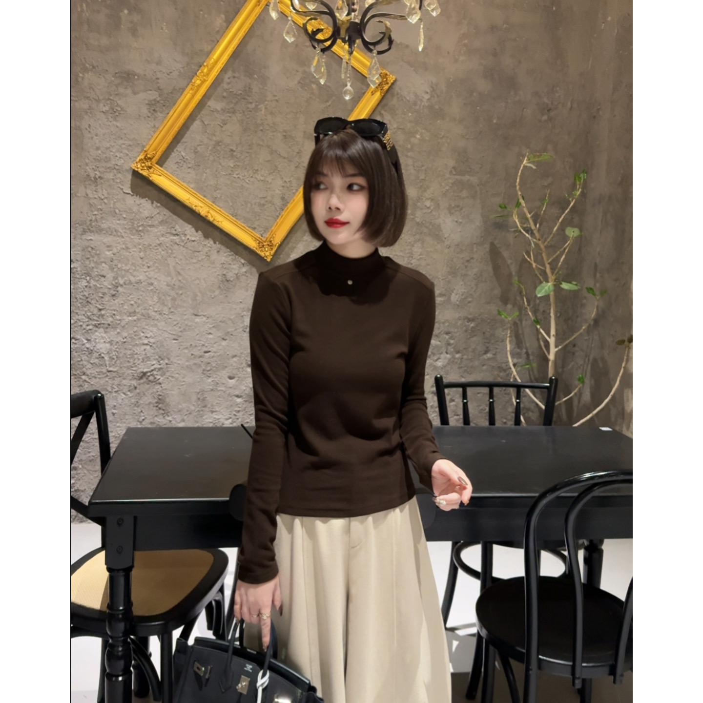 MY【小立领打底】冬季新款小立领金属标时尚简约磨毛长袖上衣打底衫