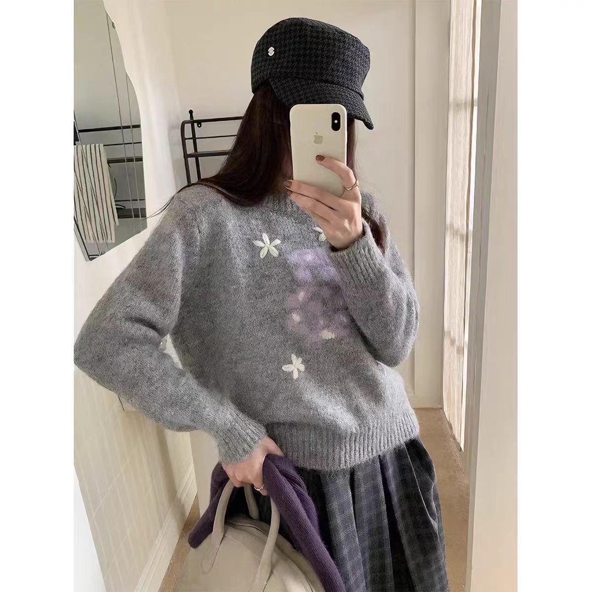 甜粿妹妹撞色花朵毛衣女秋冬韩系复古懒慵软糯毛圆领套头上衣