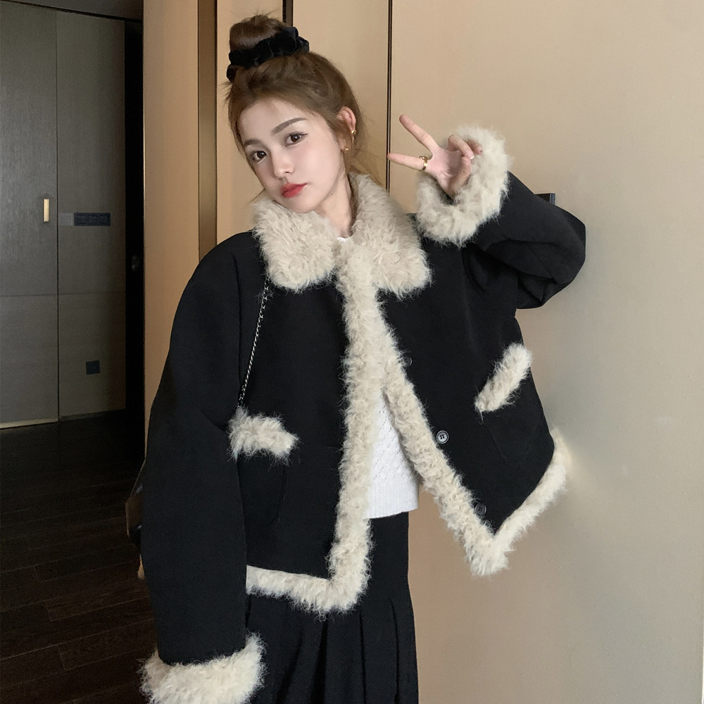 仿羊羔毛拼接小香风羽绒内胆毛呢外套女秋冬短款呢大衣赫本风流行