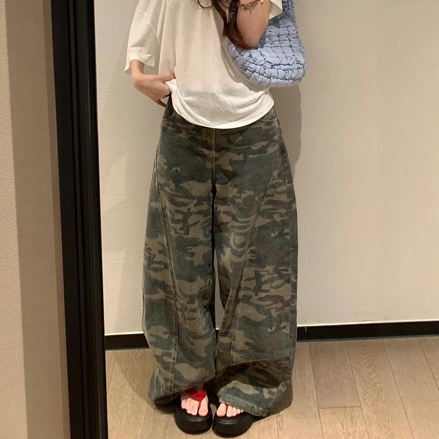 美式迷彩色工装裤女装2025秋季新款高腰窄版阔腿显瘦弯刀牛仔裤子