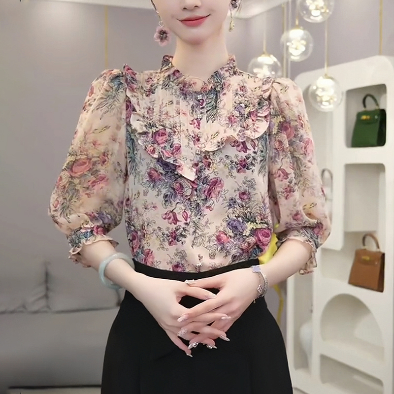2025夏季女士碎花立领衬衫新款时尚洋气减龄木耳边半袖气质上衣