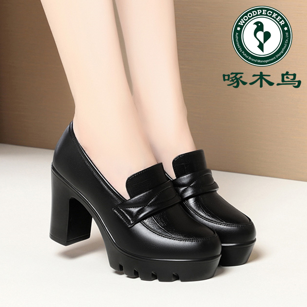 啄木鸟深口皮鞋久站不累高跟鞋防水台厚底粗跟乐福鞋旗袍走秀女鞋