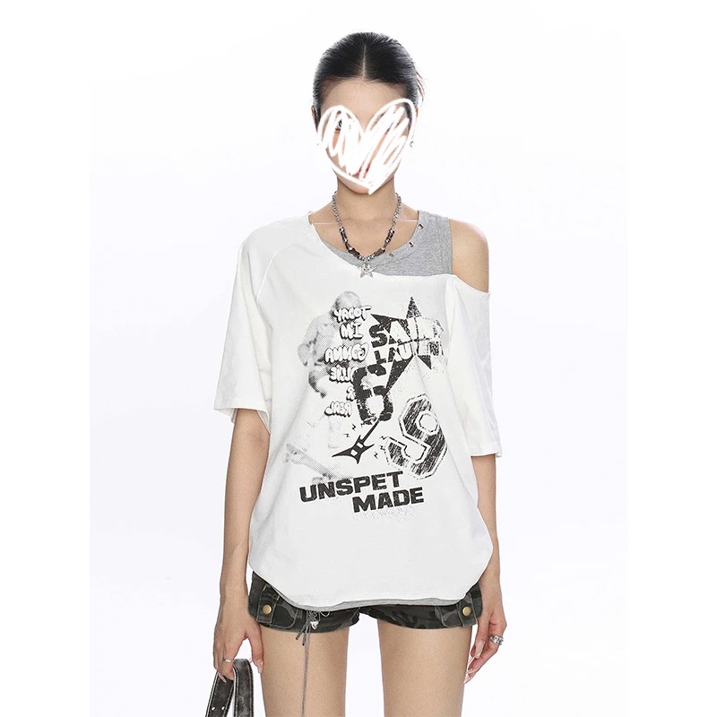 网红洋气衣服炸街女装涂鸦印花假两件露肩短袖T恤夏季宽松上衣服