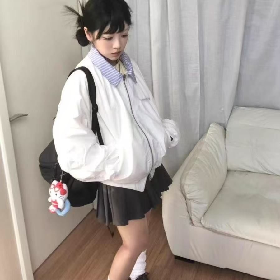 色织拼接复古绣花假两件翻领棒球服女春季新款设计感情侣夹克宽松