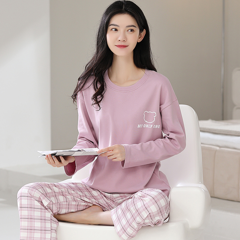 浪莎睡衣女春秋季纯棉长袖宽松套头全棉简约休闲可外穿家居服套装