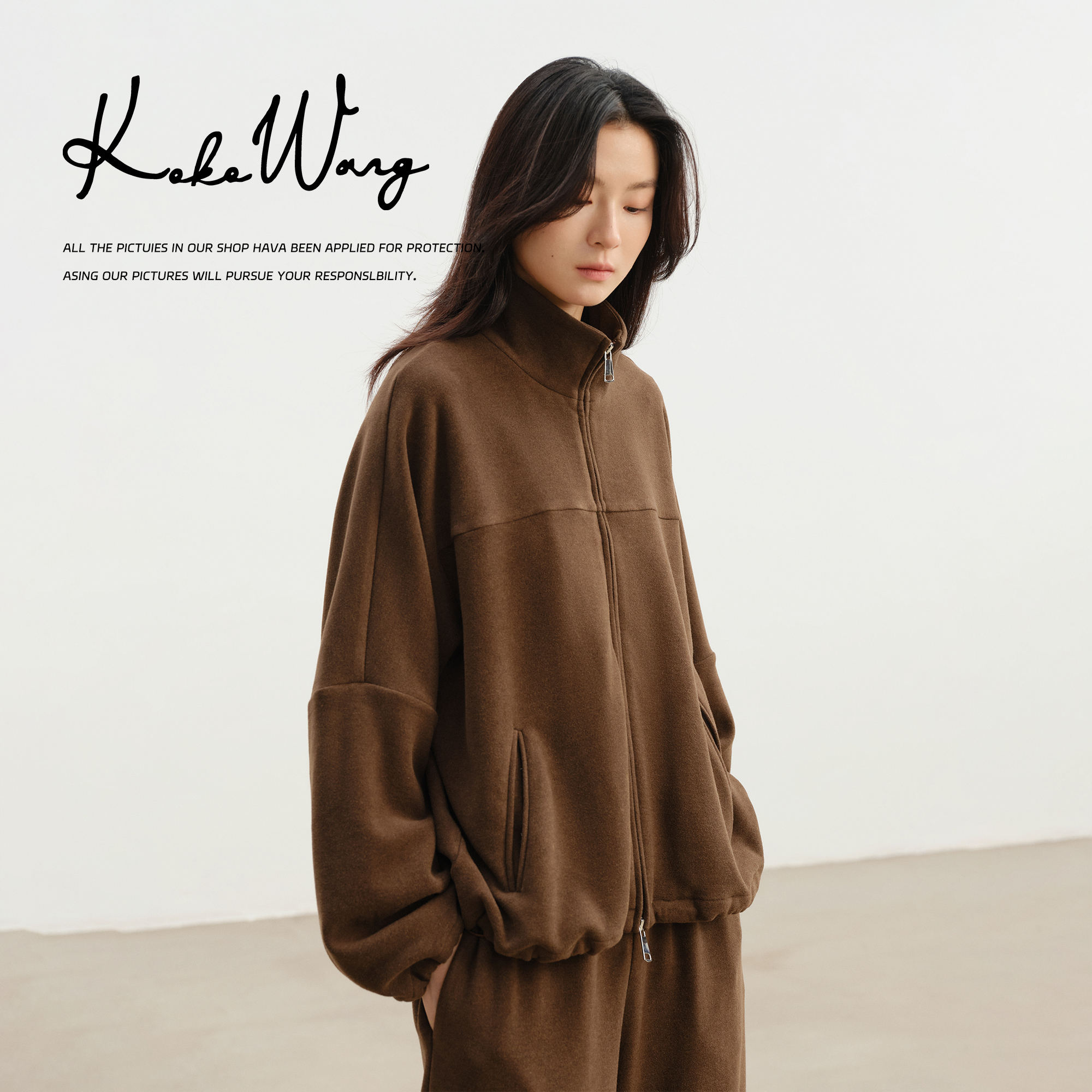 KOKO WANG秋冬桑蚕丝羊毛混纺立领休闲上衣外套N2445H29H41