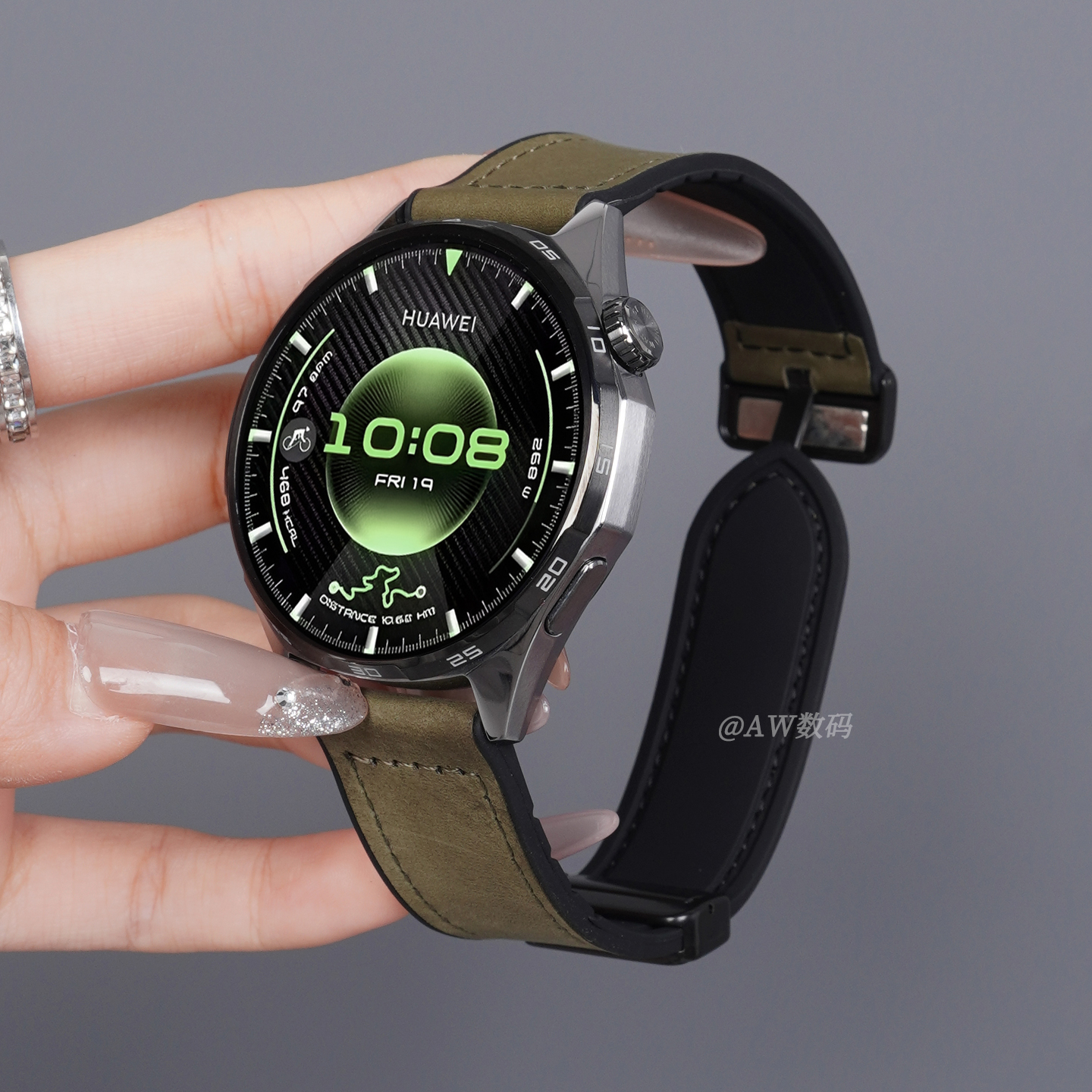 AW适用华为GT6表带watchgt5手表gt4疯马皮纹运动男gt6pro军绿腕带