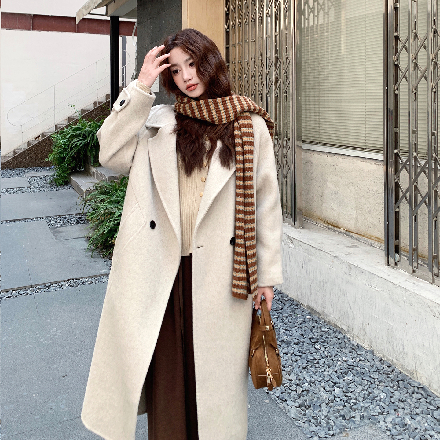 气质格子大衣女中长款2025秋冬新款双面时尚过膝燕麦色毛呢百搭女