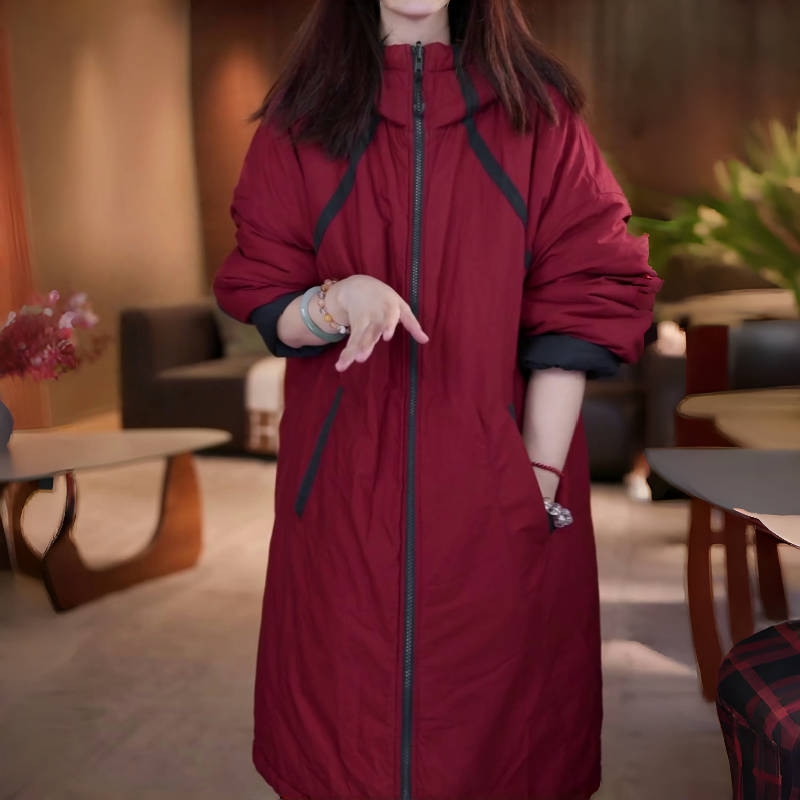 韩版大码连帽加棉保暖棉服2025秋冬设计款连帽宽松遮肉中长款外套