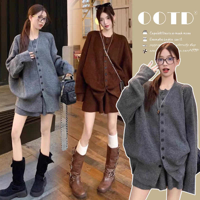 孕妇装网红秋冬长袖毛衣时尚套装休闲风慵懒风阔腿短裙休闲两件套