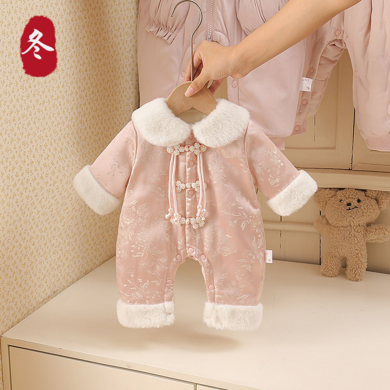 新款加厚夹棉加绒秋冬款哈衣连体衣外出服哈衣宝宝婴儿新中式爬服