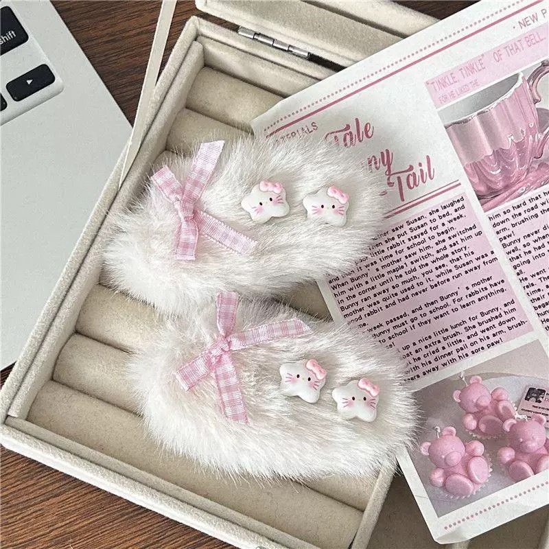 秋冬新款白色星星猫咪发夹毛绒BB夹甜美发夹可爱边夹女孩刘海夹子