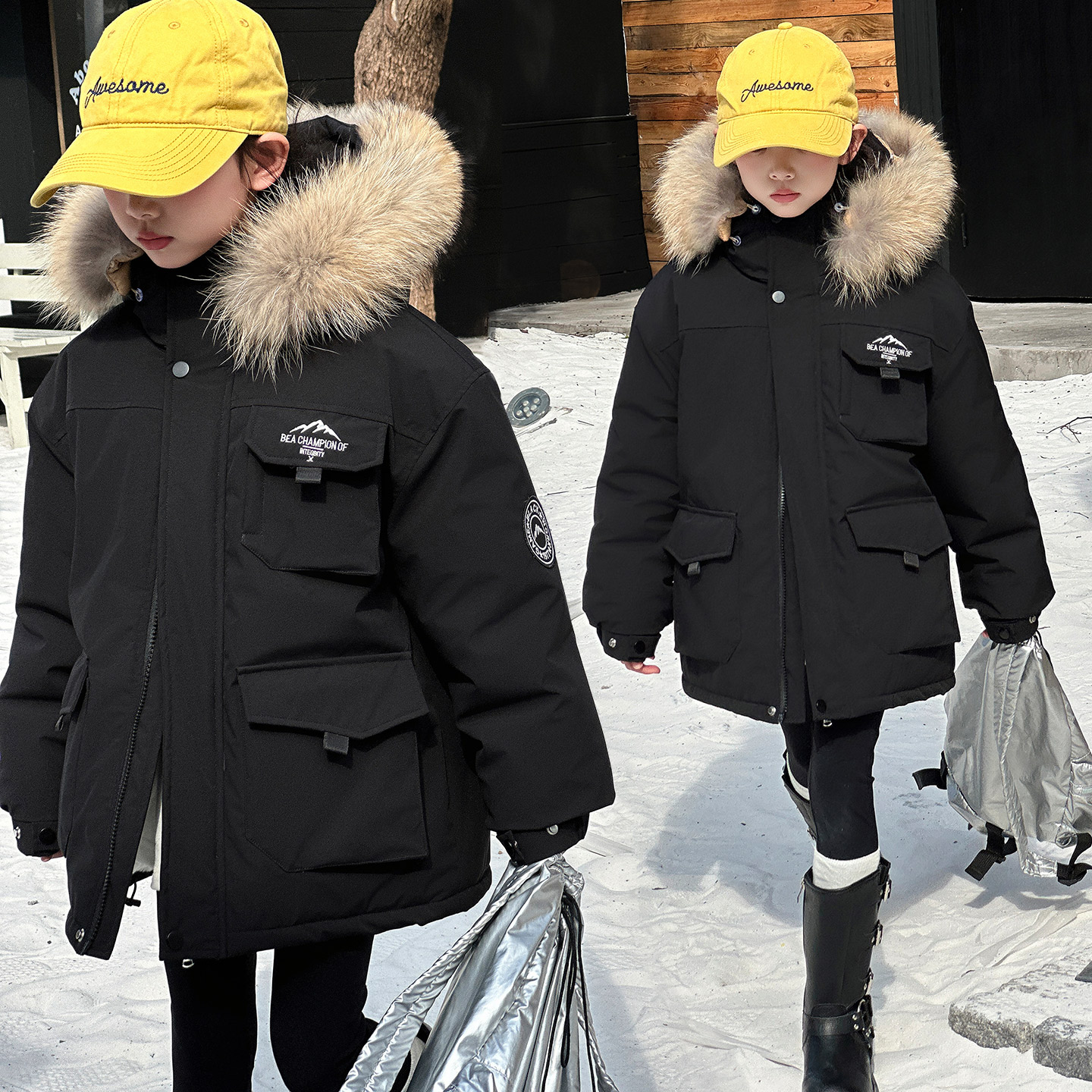 女童冬季加绒棉衣外套中长款童装新款女孩大毛领夹棉冲锋衣棉袄潮