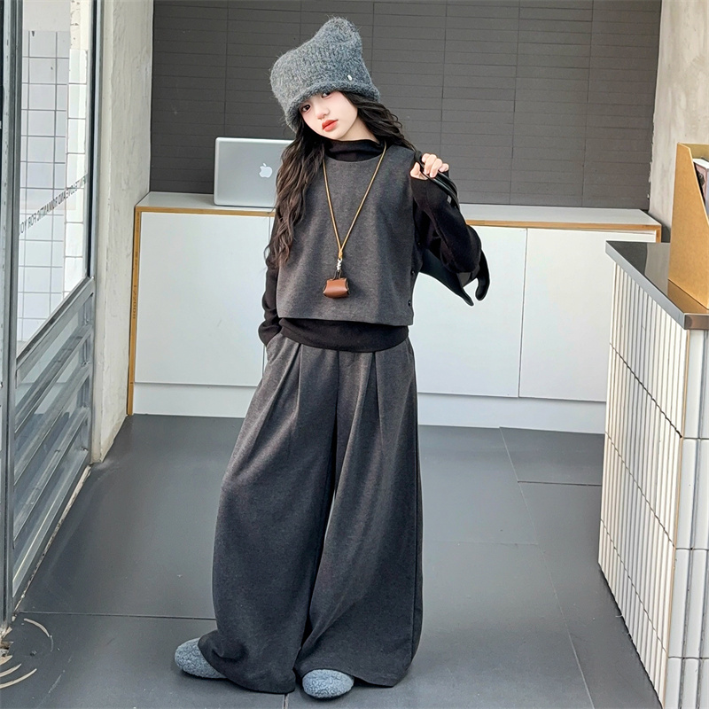 女童韩系高级感穿搭套装2025新款女孩秋冬洋气加厚毛呢马甲三件套