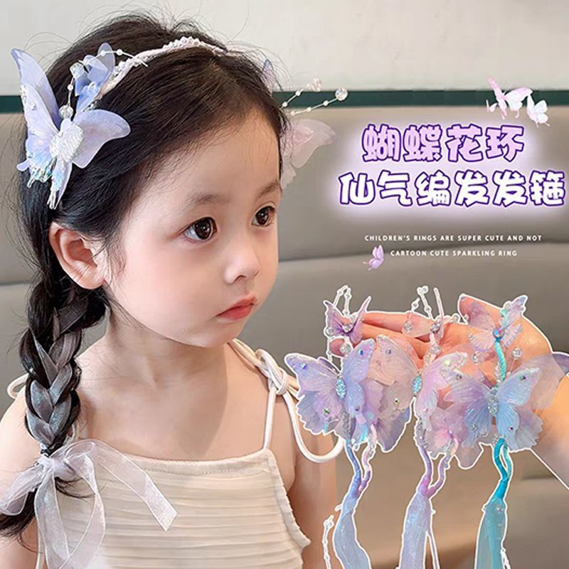 新款儿童超仙气蝴蝶花环编发带发箍女童公主发饰压碎发不勒头发卡