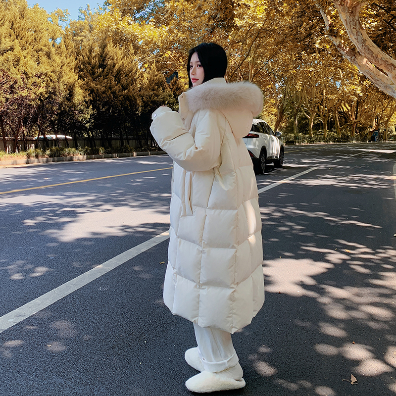 米白色中长款过膝棉服女2025冬季新款大毛领面包服外套加厚棉袄