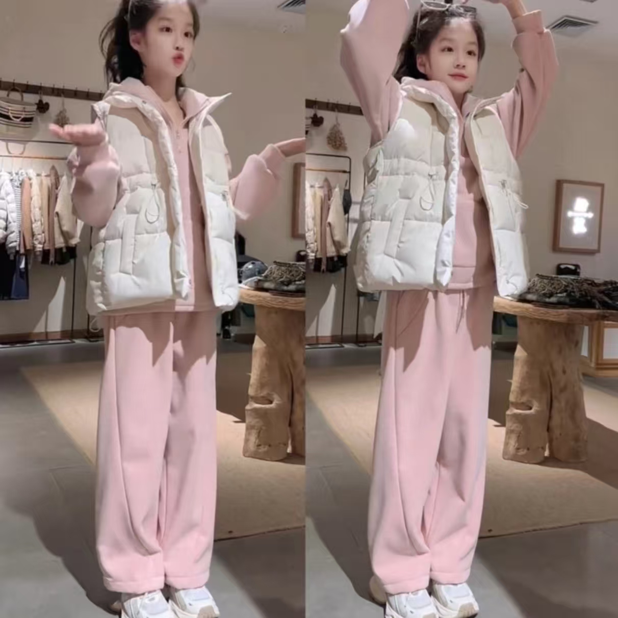 女童加绒套装叠穿绗线棉马甲三件套2025秋冬多巴胺小女孩保暖套装