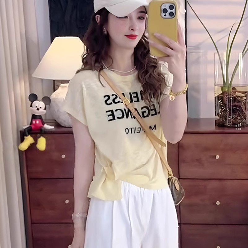 薄款冰丝针织衫短袖女2025新款夏季不规则收腰显瘦洋气小飞袖上衣