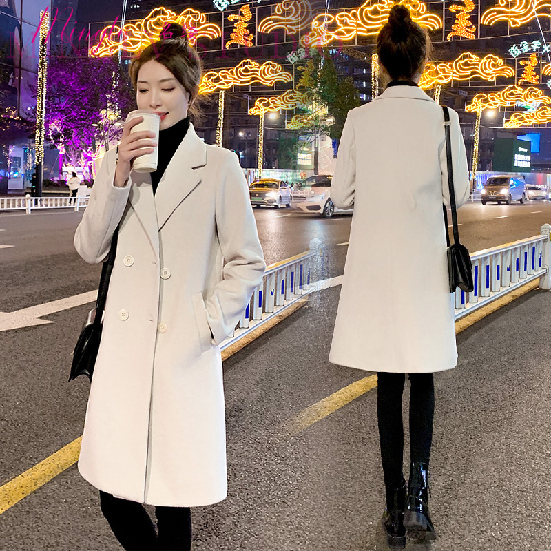 米色毛呢外套女中长款2025冬爆款修身显瘦小个子加棉加厚呢子大衣