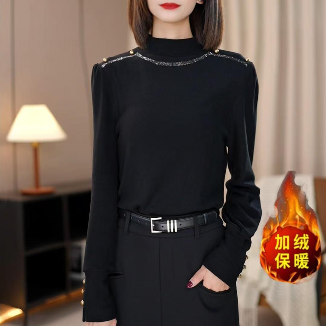 2024冬季新款百搭加绒保暖打底衫女气质洋气设计感长袖上衣T恤