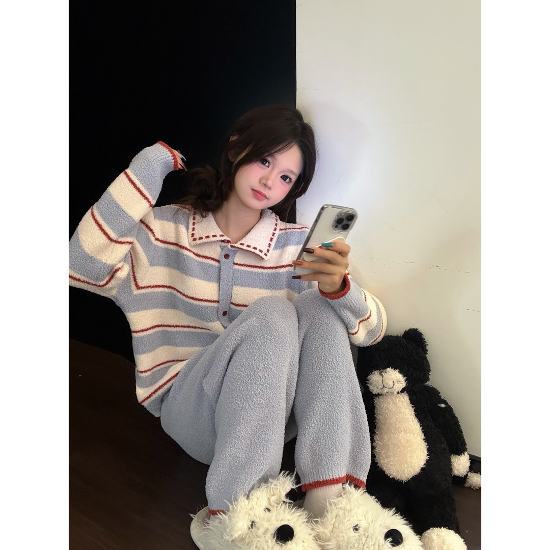 【DMXJ大梦想家】韩版条纹甜美针织半边绒睡衣女冬季套装柔软家居服