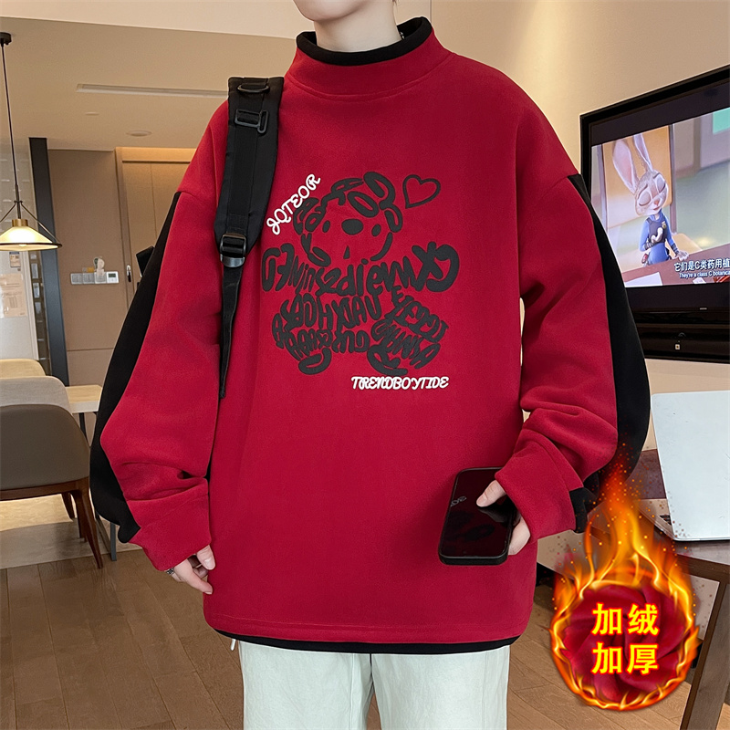 加绒加厚保暖青少年奥粒绒卫衣学生打底衫大童初高中宽松男孩内搭