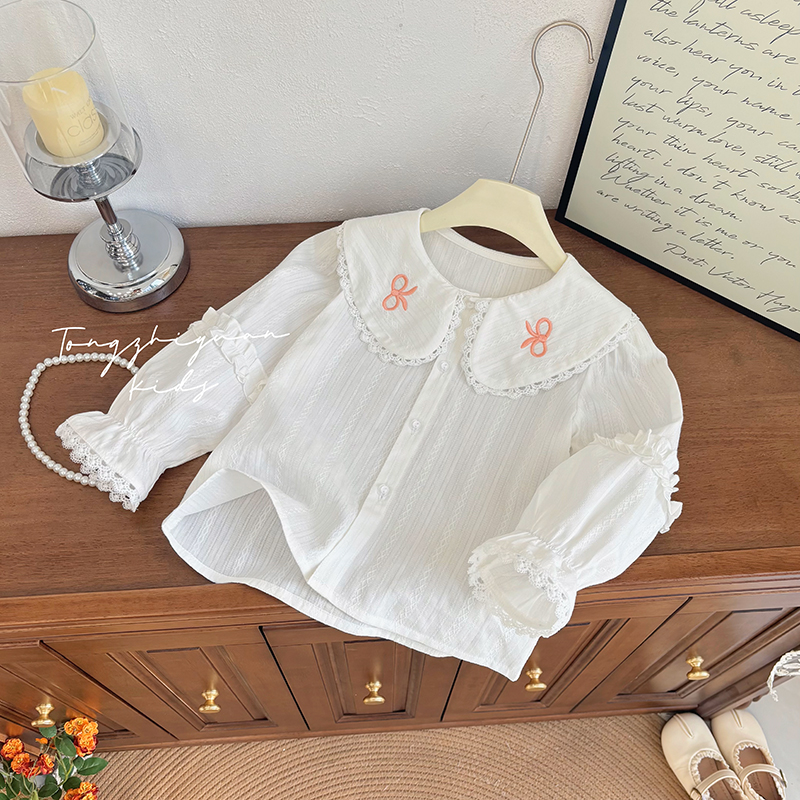 新款女童春秋季新款洋气韩版甜美蝴蝶结衬衫花边领春秋儿童长袖