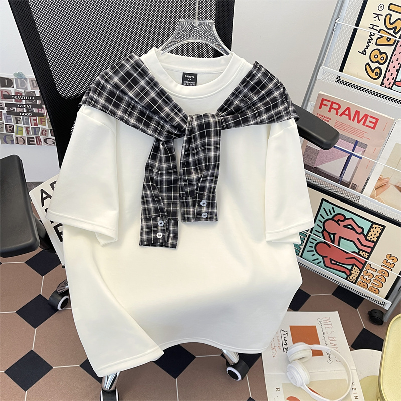 小众设计感披肩短袖t恤男国潮格子拼接假两件美式宽松高级感上衣