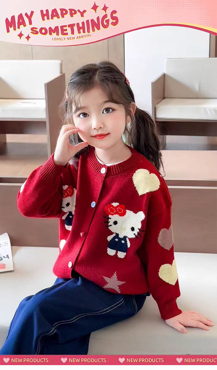 女童洋气针织开衫红色2025新款秋冬儿童韩版外搭上衣童装毛衣宝宝