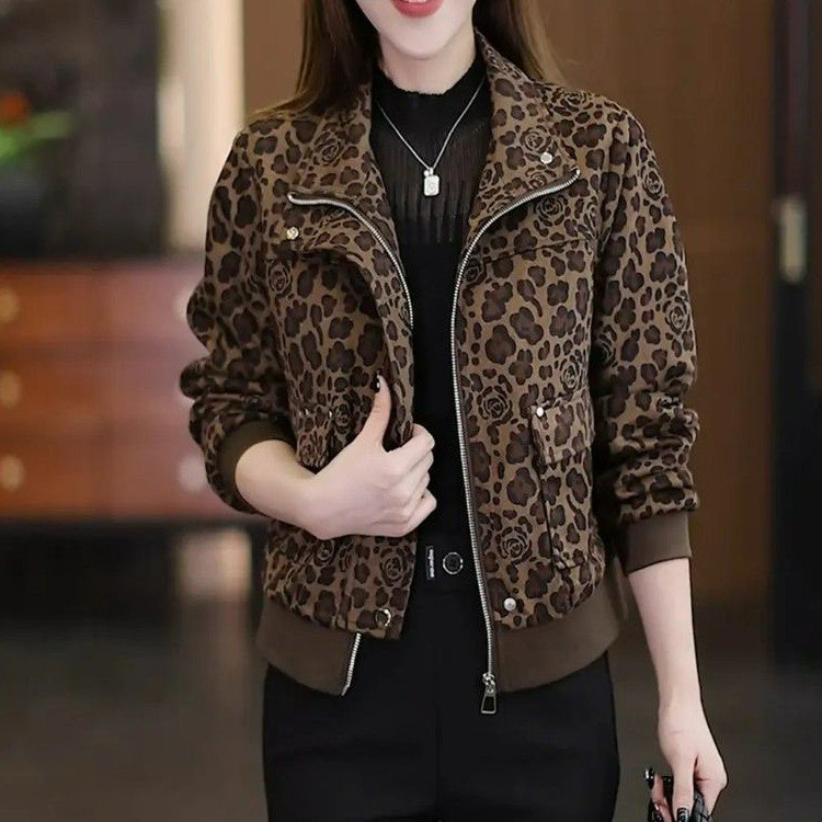豹纹短外套女秋季2025新款修身时尚洋气立领女士春秋夹克上衣