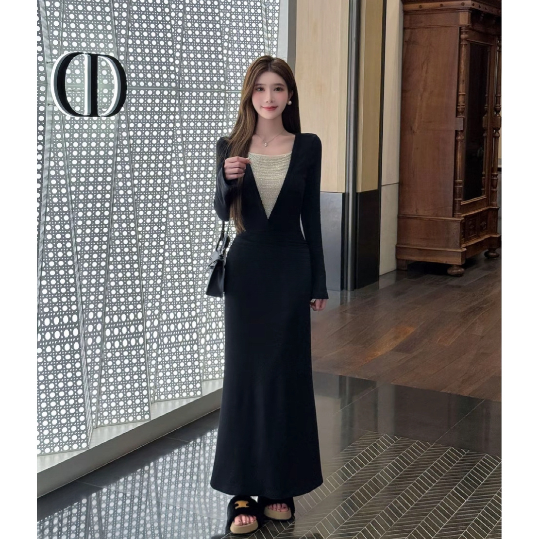 人生限定月夜巴黎设计感深V领重工珠链拼接打褶显瘦连衣裙 1233ON