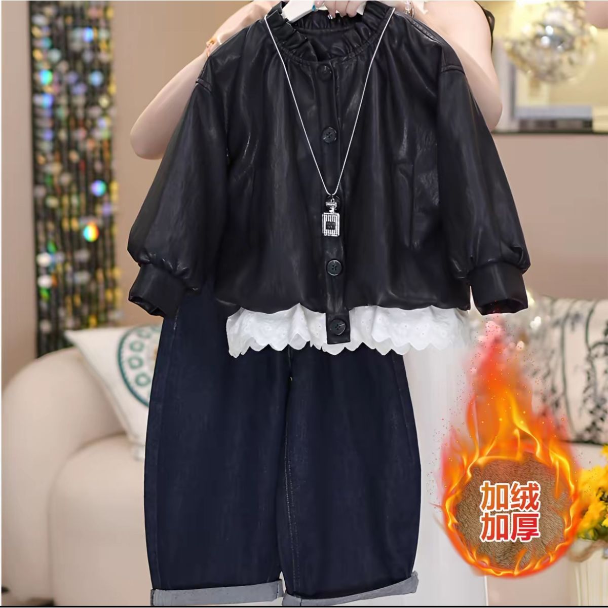 女童秋冬皮衣外套2025新款女孩韩版亲子款加厚皮夹克儿童加绒上衣