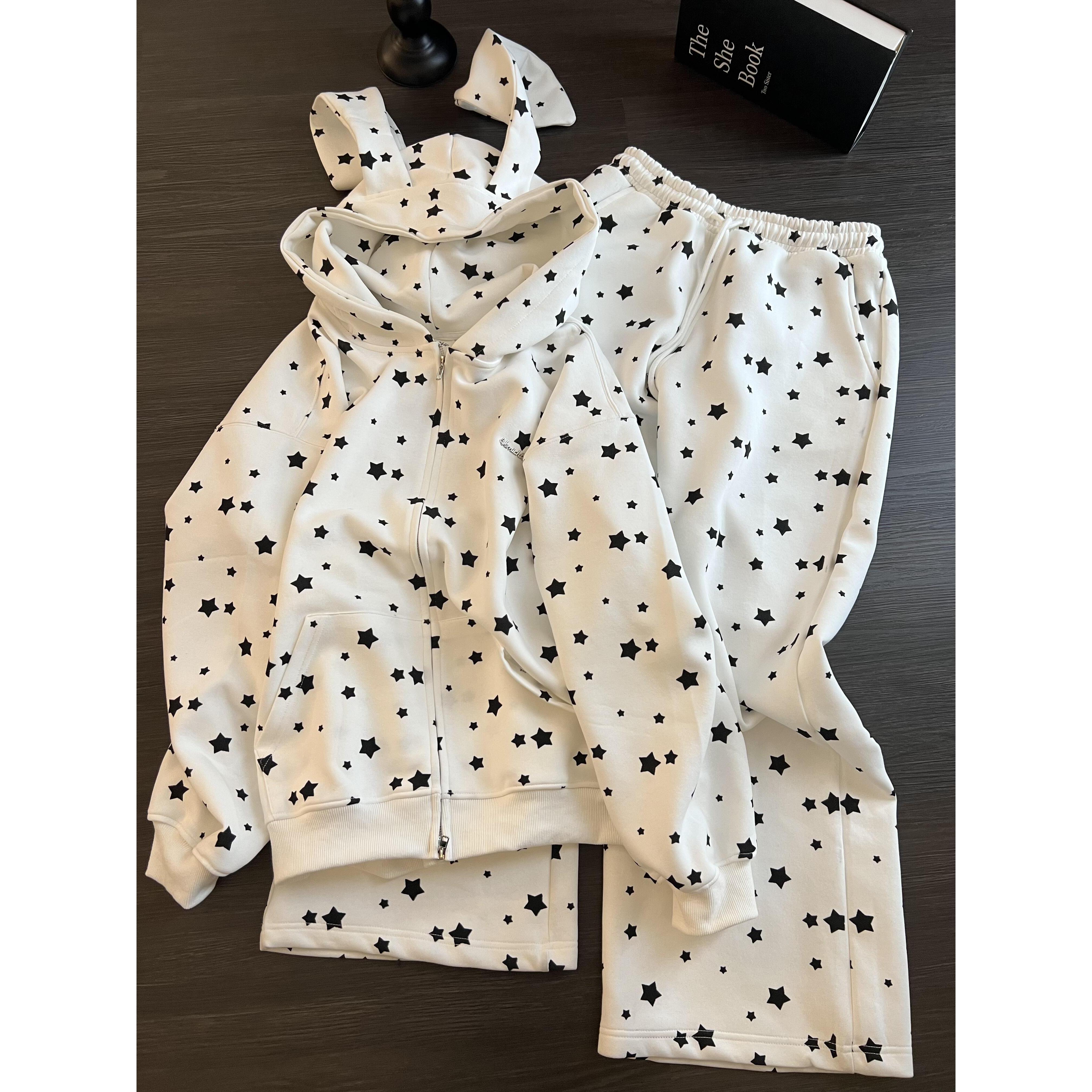 甜美少女兔耳朵连帽星星睡衣女款春秋2025新款大码长袖长裤家居服