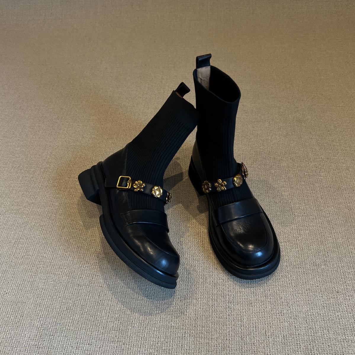 牛皮版~厚底金属扣弹力短靴复古学院风针织瘦瘦靴女百搭乐福袜靴