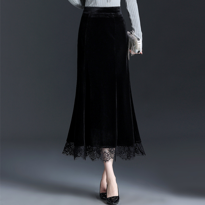 金丝绒包臀半身裙女秋2025新款高腰蕾丝边一步裙修身鱼尾裙长裙子