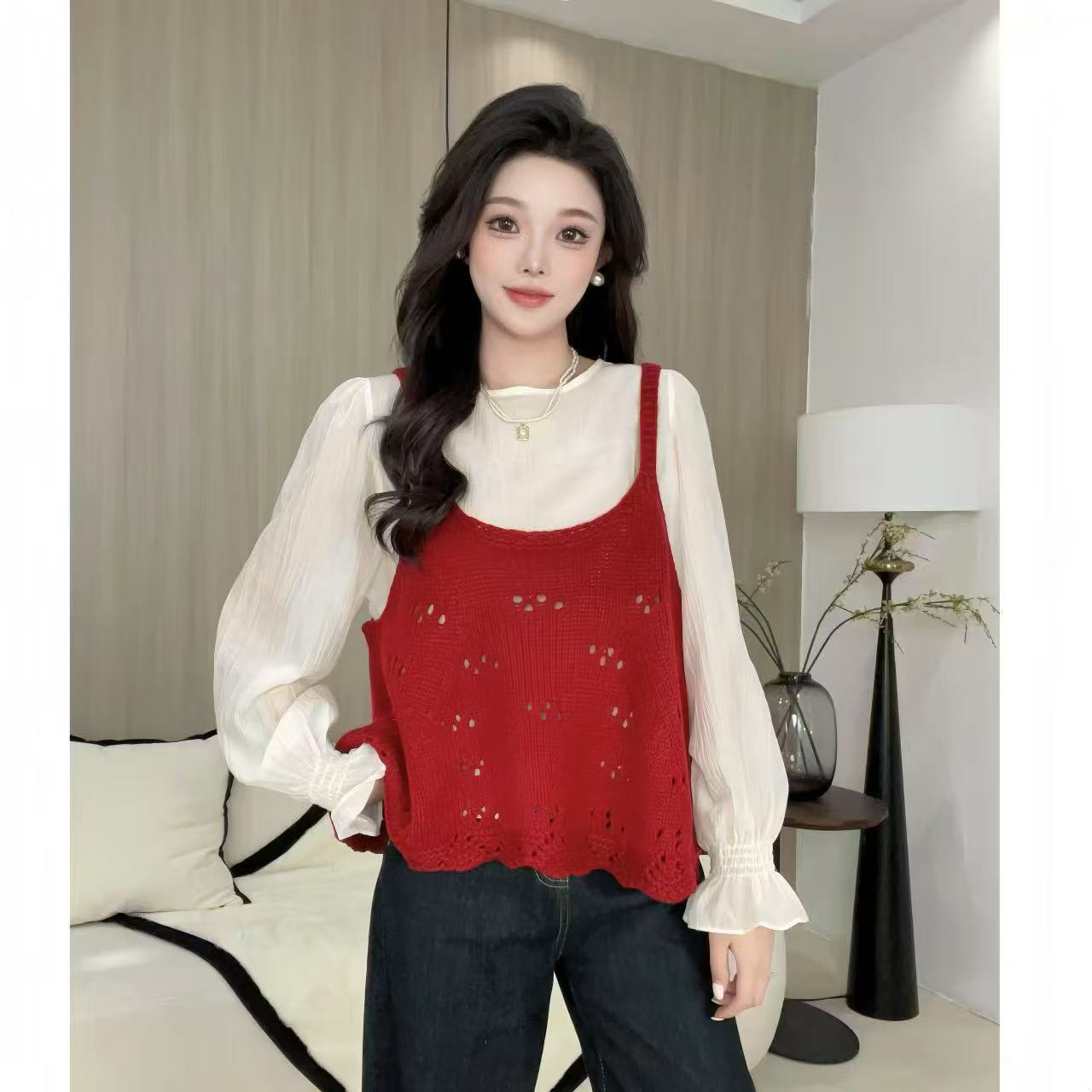 秋季设计感韩版减龄复古秋装拼接上衣宽松显瘦针织时尚气质百搭