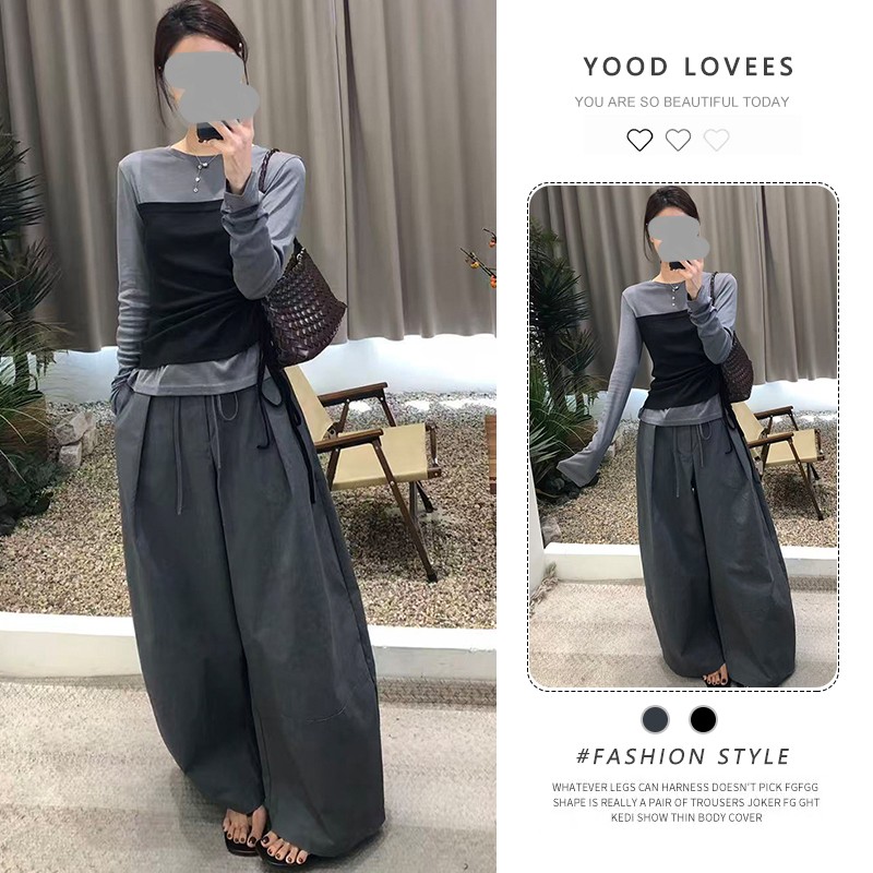 女装时尚撞色拼接假两件长袖上衣春秋新款系带收腰阔腿裤套装潮