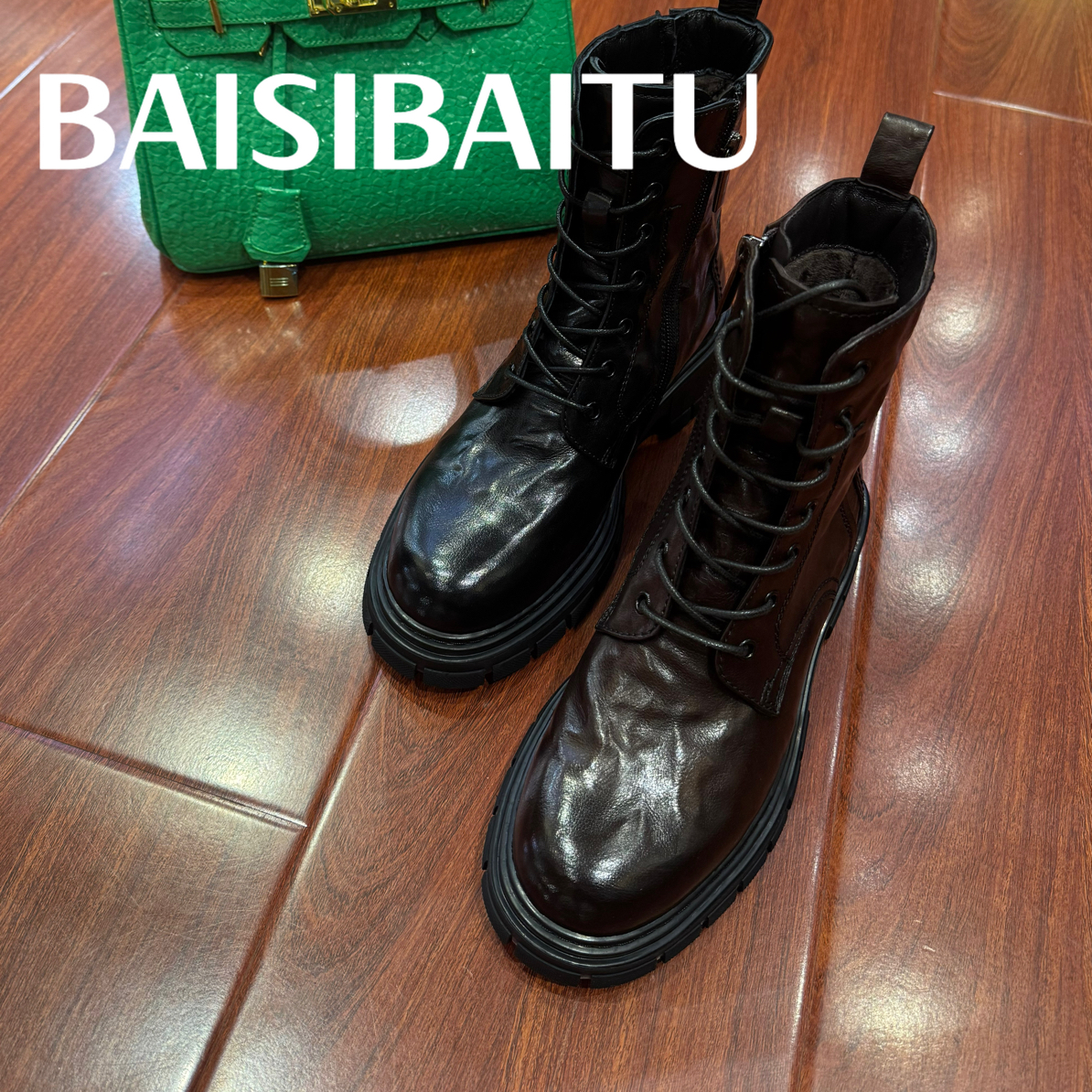 佰思佰图2025新款上市进口手抓皮英伦风短靴跟高2.5厘米，中靴高靴