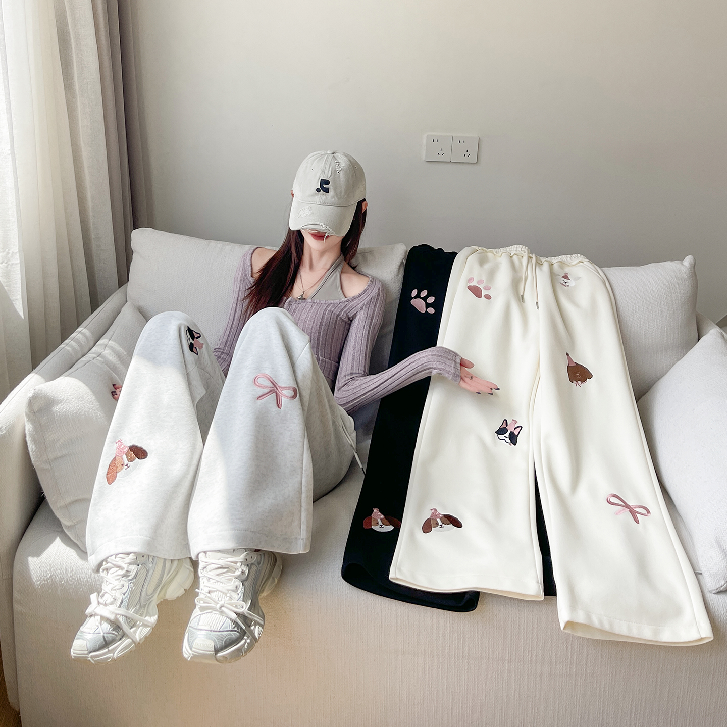 趣味小狗贴布绣花阔腿裤女2025秋冬新款显瘦直筒卫裤休闲运动裤