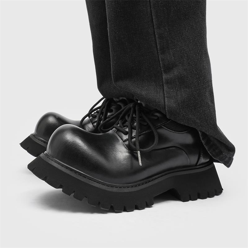 新版潮牌走秀款米奇大翘头德比鞋男女高级感厚底增高情侣休闲皮鞋