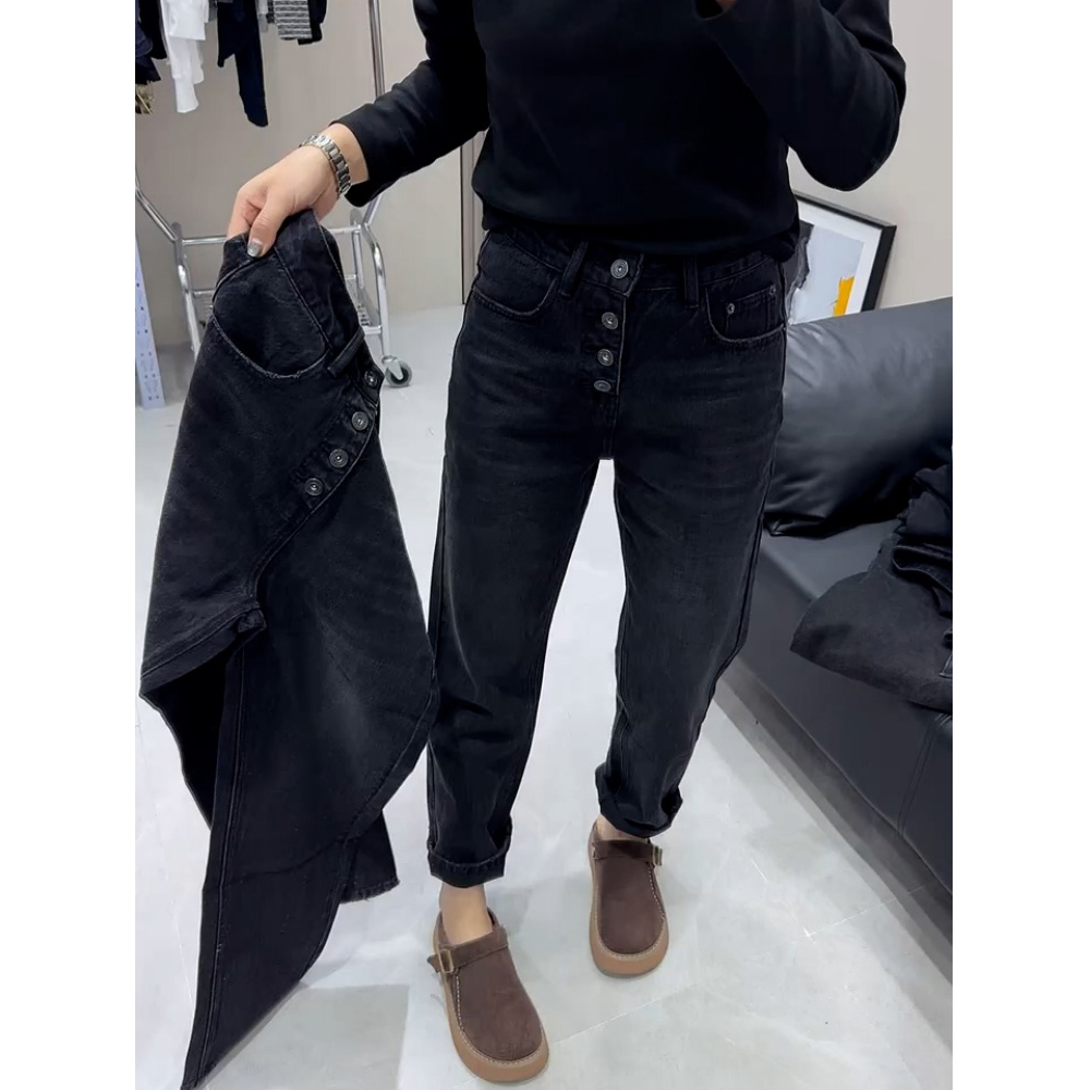 黑灰牛仔裤女秋季新款大码胖mm高腰显瘦遮胯弹力九分萝卜哈伦裤子