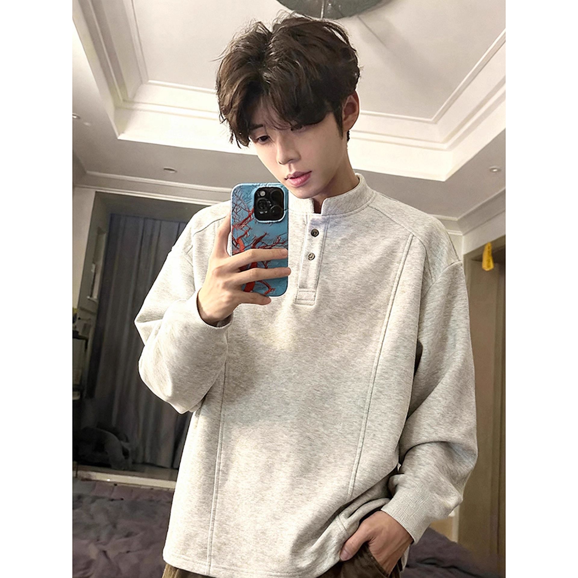 白灰色美式亨利领卫衣男款秋冬加绒厚无帽重磅内搭打底衫长袖t恤