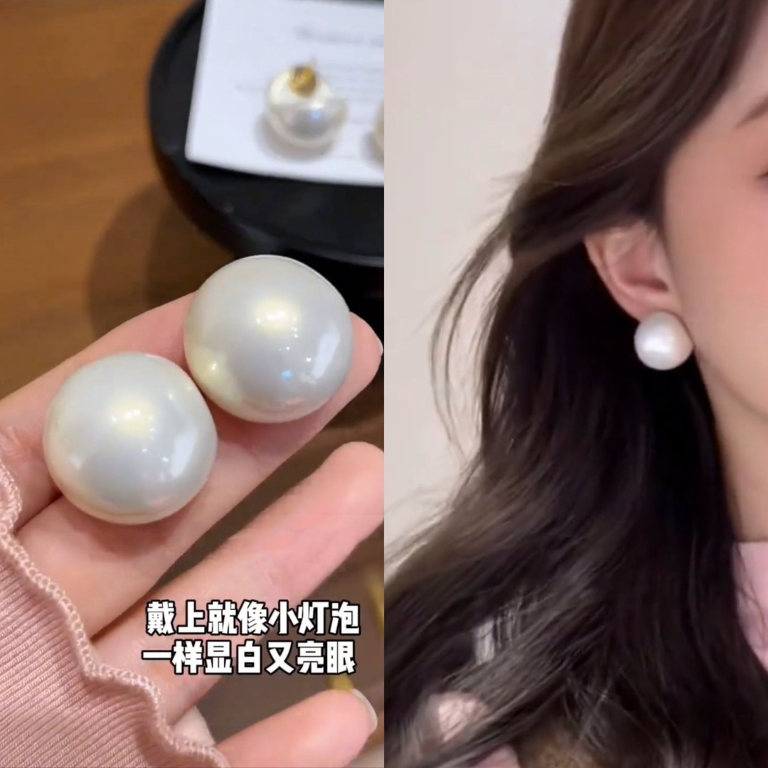 铜合金耳饰 简约半圆弧奶油白珠珠耳钉女秋冬气质百搭耳环耳饰潮