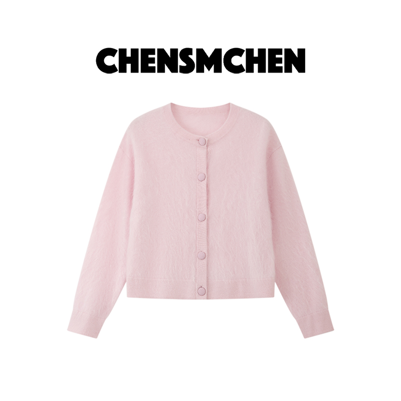 CHENSMCHEN100山羊绒纯色圆领针织衫女时尚休闲显瘦开衫CSR7621YW