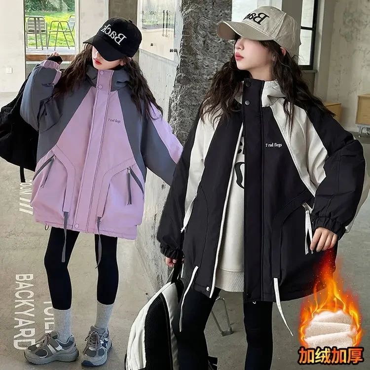 女童秋冬加厚外套2025新款时尚加绒冲锋衣中长款外套中大童女孩潮